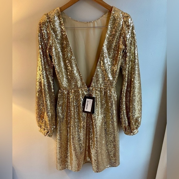 NWT Saloni Camille Gold Sequin Long Sleeve Open Back Tulle Mini Dress, UK 6 US 2 - Picture 4 of 10